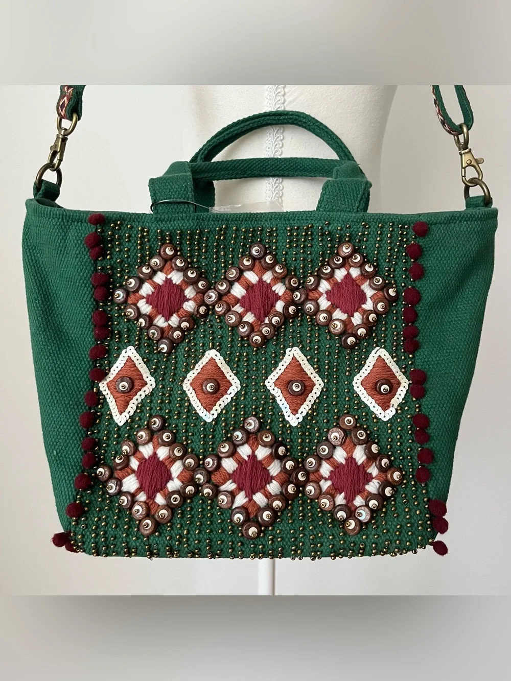NWT America & Beyond Canvas Tote Bag Beaded Embroidered Green Boho Summer